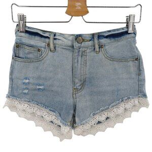 Free People Womens 24 Light Blue Wash Denim Jean Shorts Distressed Lace Trim